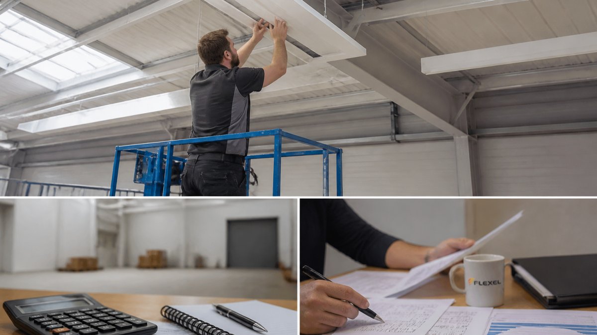 Technician installing infrared heating panels in a commercial warehouse to manage heating costs effectively