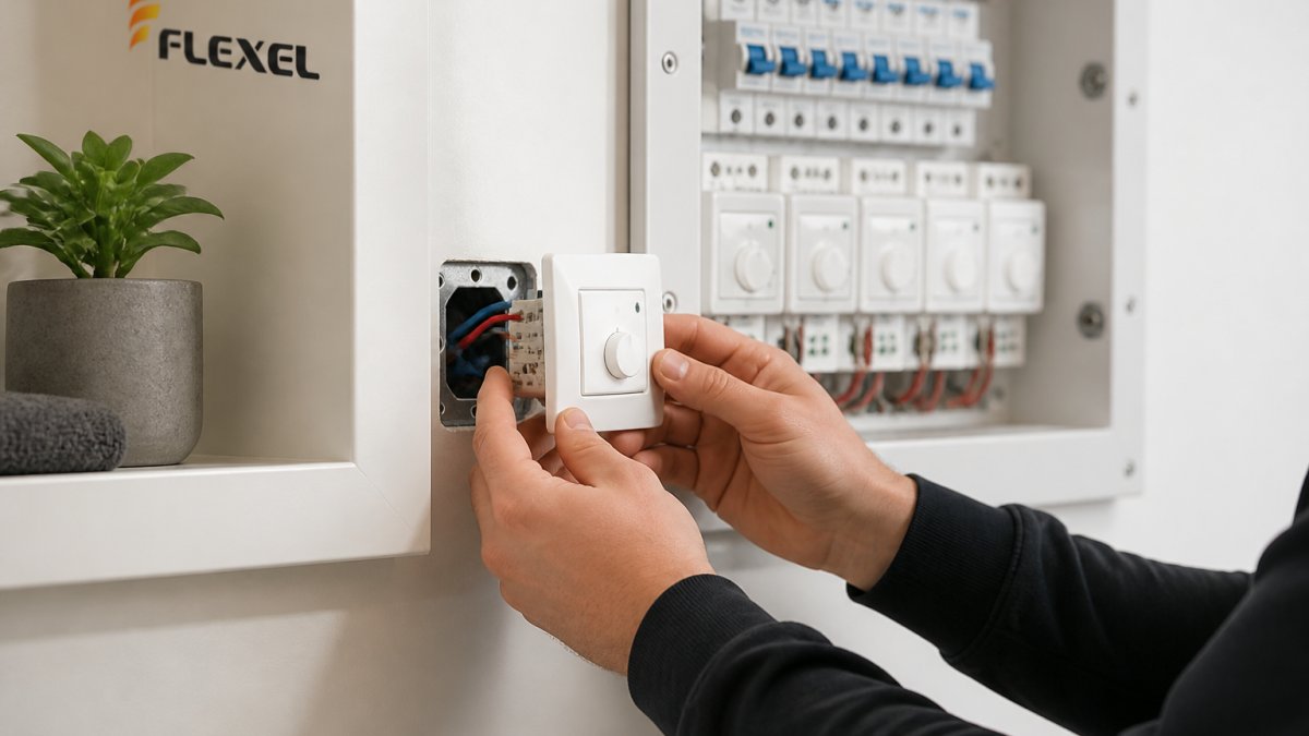 Technician wiring a modern thermostat for zone electric heating systems