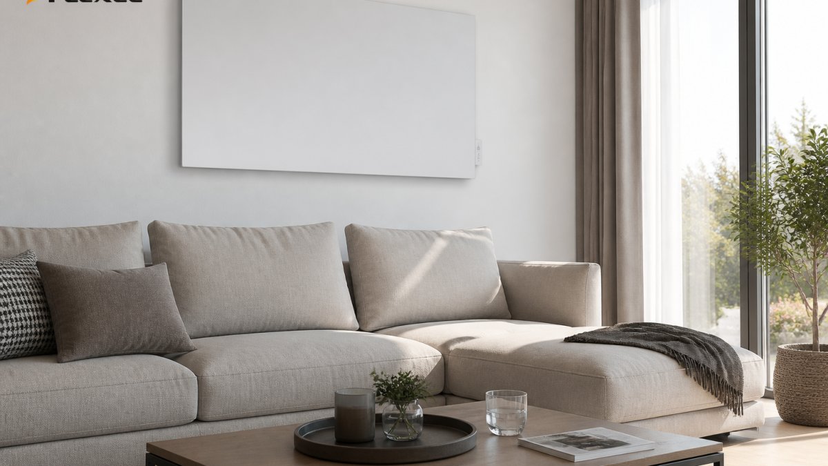 Slim infrared panel heater mounted on a minimalist living room wall, as featured in our infrared panel heater reviews.