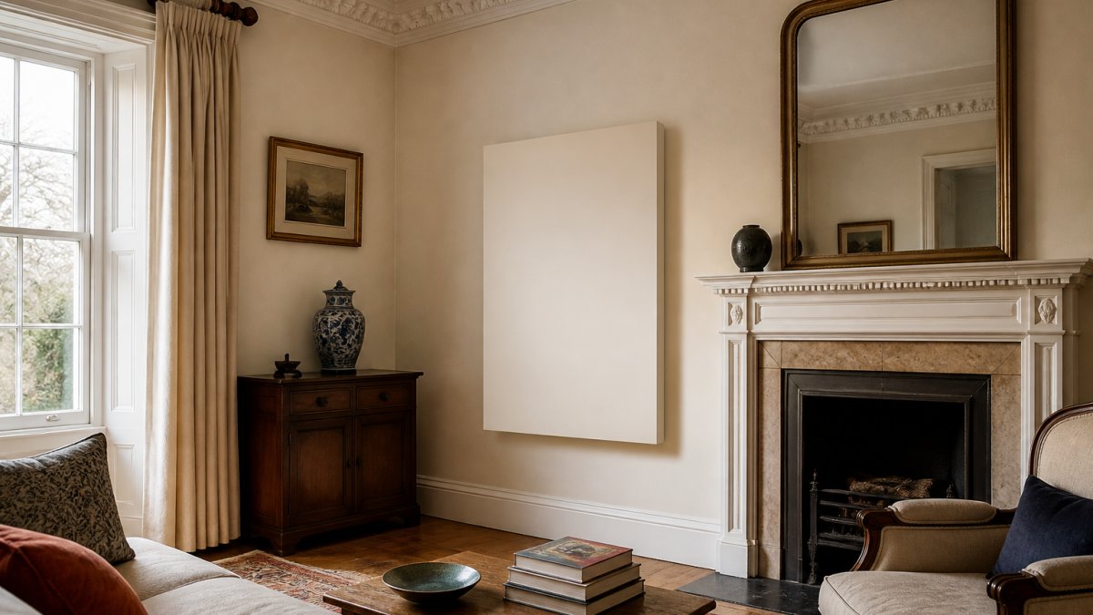 Period room with original cornicing and fireplace, showing a discreet wall-mounted infrared panel blending seamlessly with cream-painted walls and period furniture
